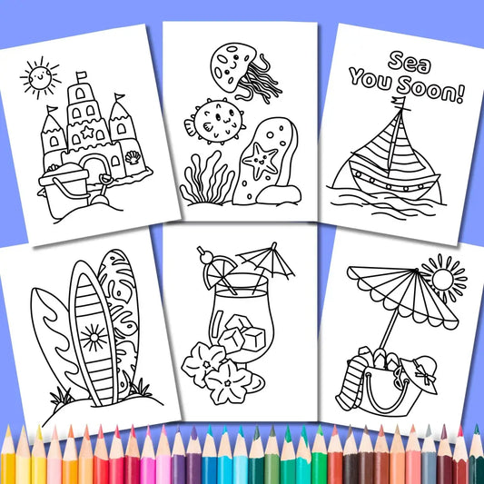 Beach Vibes Summer Coloring Pages – Bold & Easy Printable PDF by Room for Calm