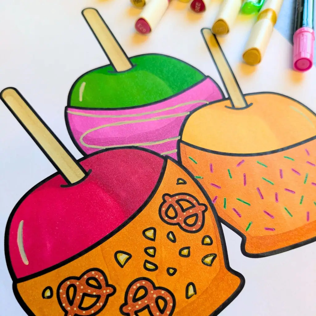 Completed coloring page of colorful candy apples with sticks on a white background