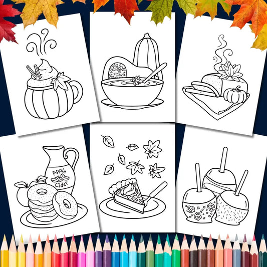 Set of fall foods autumn-themed coloring pages with black outlines on white paper, surrounded by colorful leaves and colored pencils.