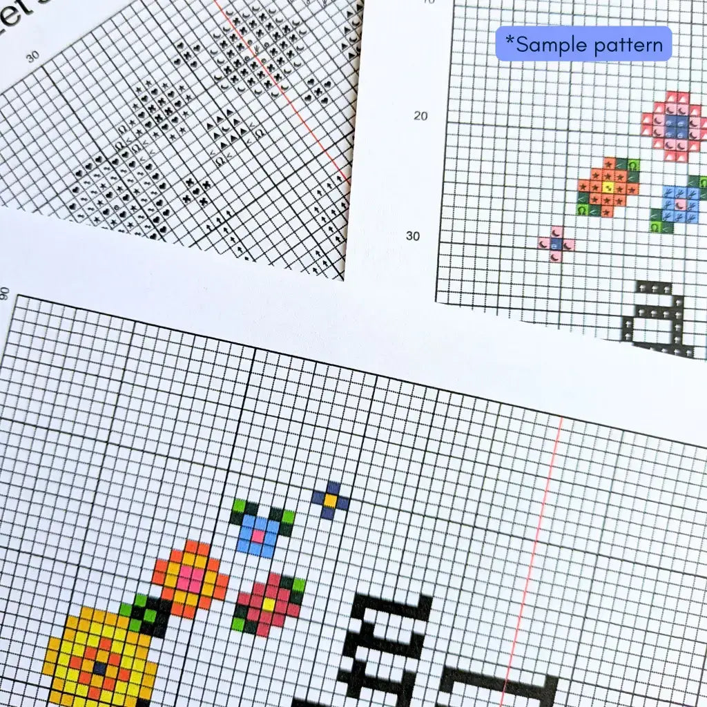Sample photo of Room for Calm printed cross stitch patterns in three different styles of color blocks and symbols