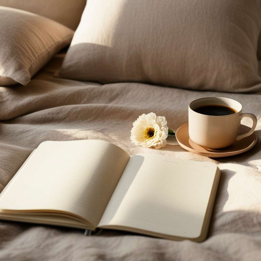 Open book, cup of coffee, and pen on a bed with pillows and blanket.