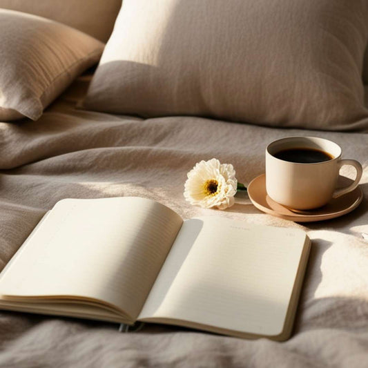 Open book, cup of coffee, and pen on a bed with pillows and blanket.