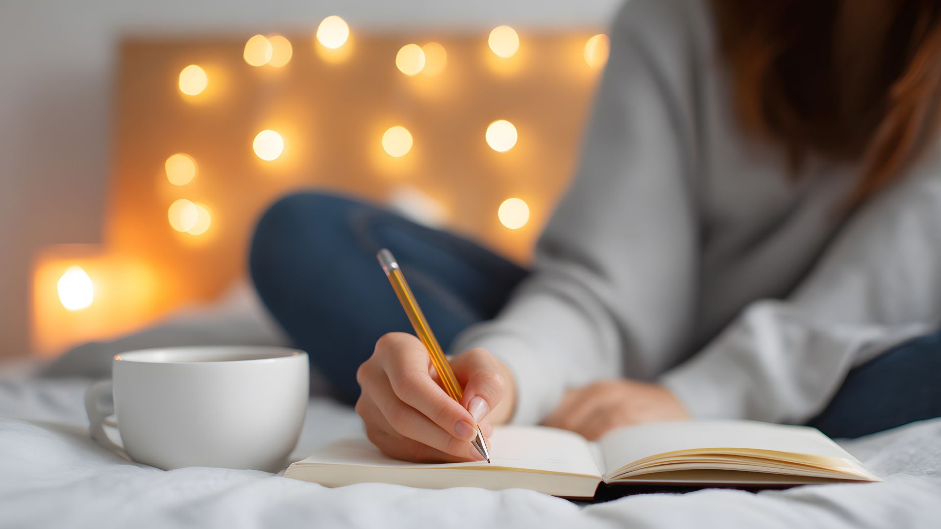 Person sitting on a bed with a notebook and pencil, surrounded by warm string lights.