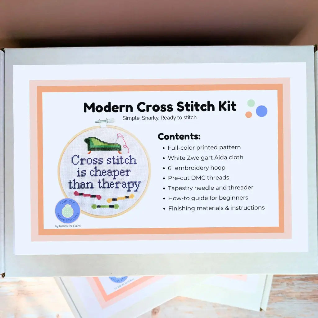 Modern Cross Stitch Kit packaging with text and graphics on a white background