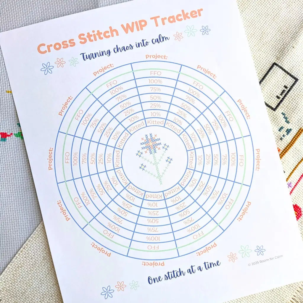 Cross Stitch Work In Progress Tracker - Printable PDF WIP Chart by Room for Calm