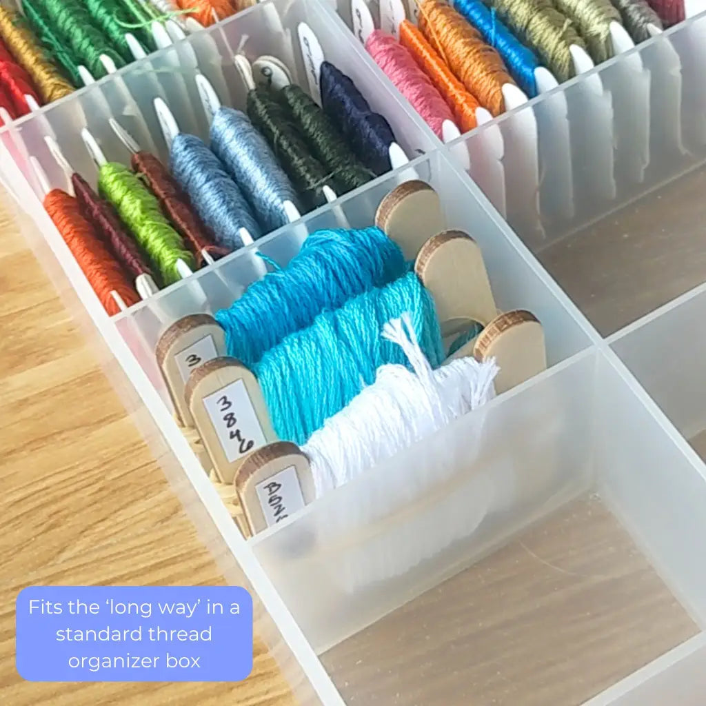 Large Wood Bobbin Drops - Set of 10 Floss Holders with Reusable Labels for Cross Stitch and Embroidery by Room for Calm