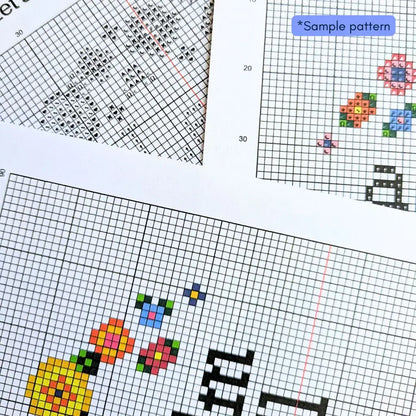 Sample photo of Room for Calm printed cross stitch patterns in three different styles of color blocks and symbols